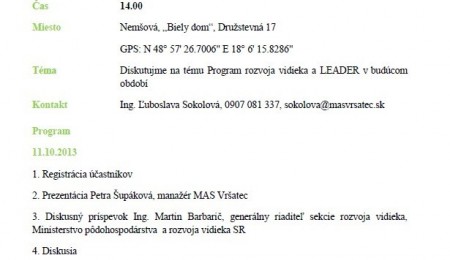 Pozvánka na workshop „Diskutujme na tému Program rozvoja vidieka a LEADER v súčasnom a v budúcom období“